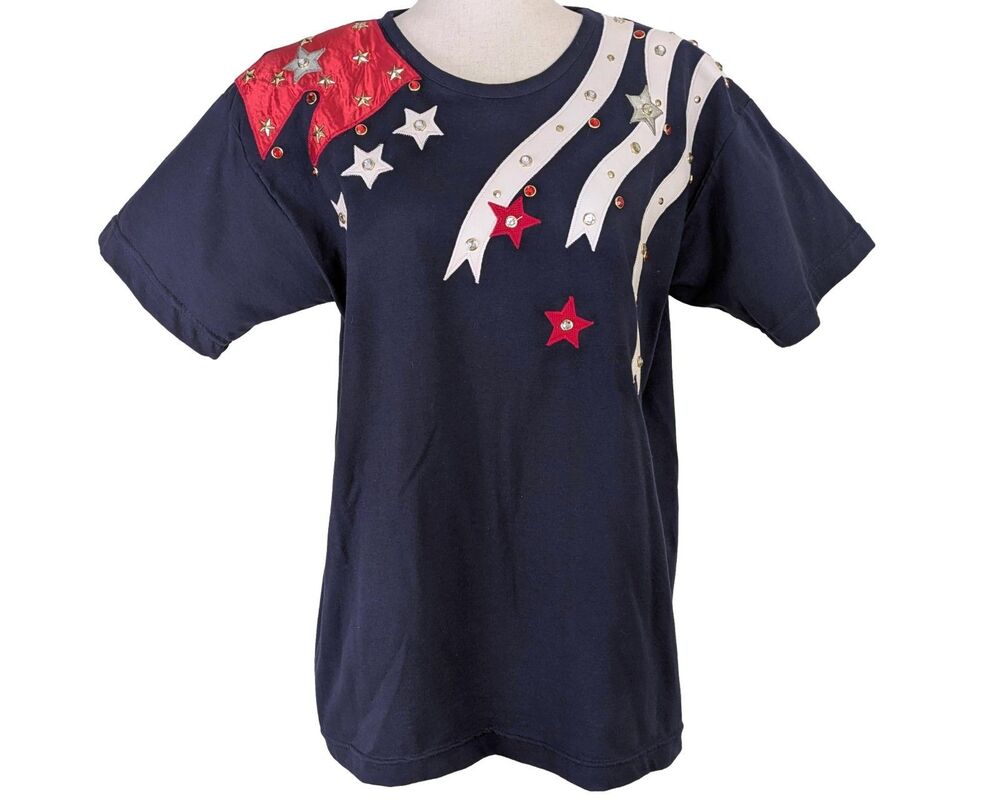 VTG Cactus Womens LG Stars 'n Stripes Navy Blue Rhinestone Tee Shirt